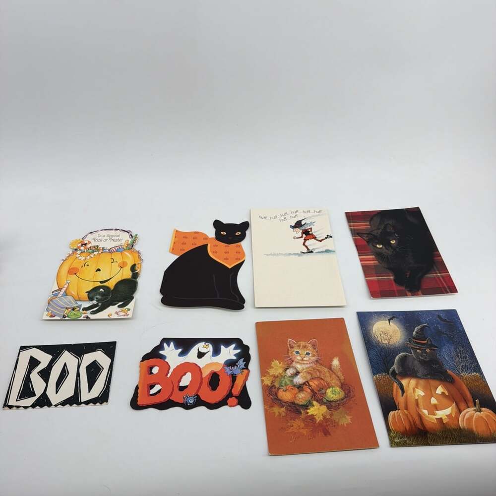 Vtg Lot Of 8 HALLOWEEN GREETING CARDS BLACK CAT Ghost & Pumpkins